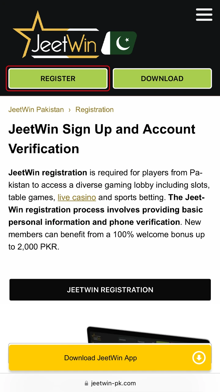 Click the JeetWin registration button.