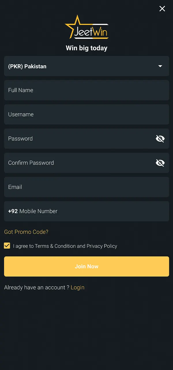 Create an account on the JeetWin platform in Pakistan.